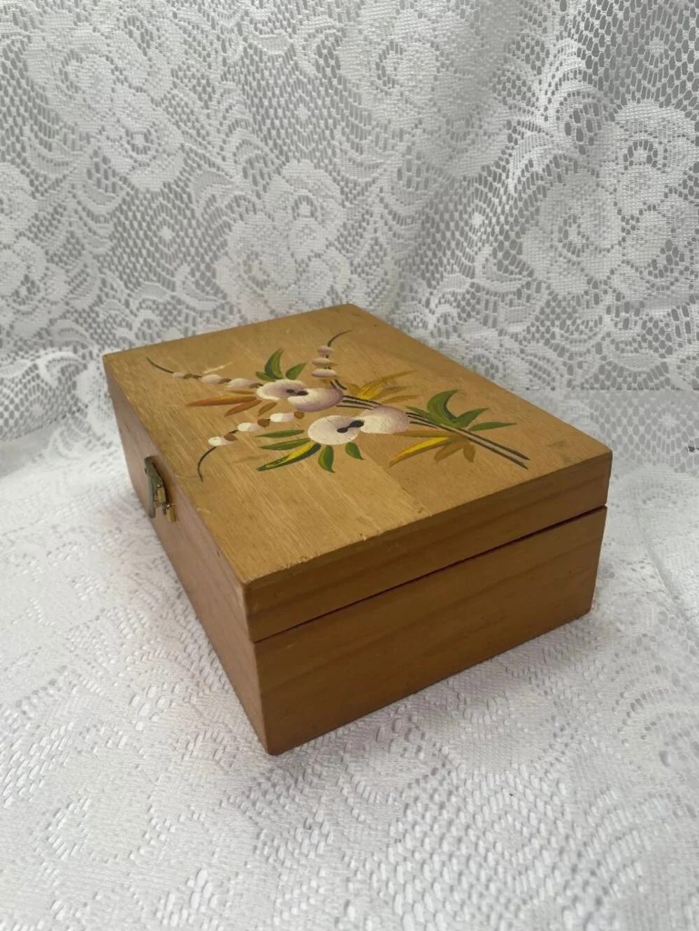 Handmade Wooden Jewelry Box With Floral Hand-Painted Design Red Felt Interior &
